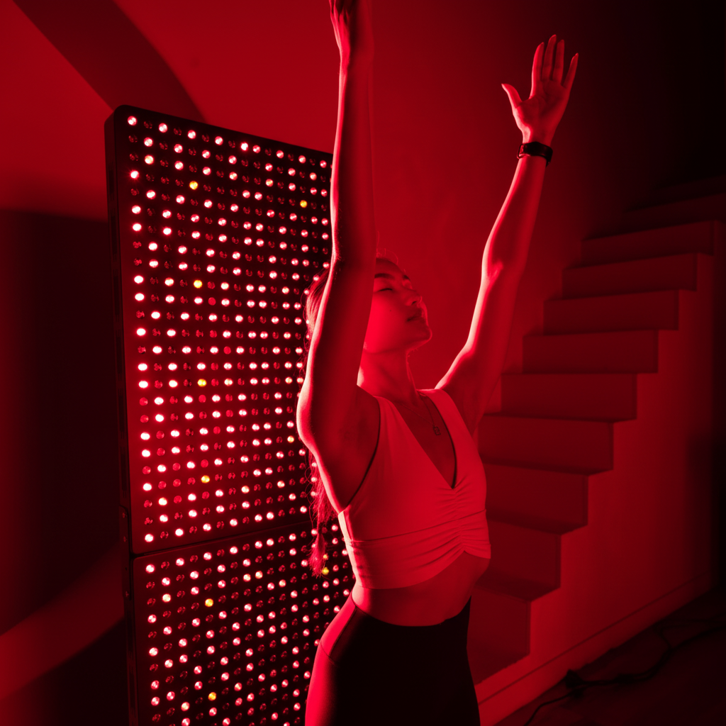 Woman with arms raised during red light therapy session